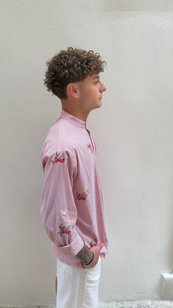Antonio D'anna - Camicia collo Coreana con Fior - BIANC/ROSSO