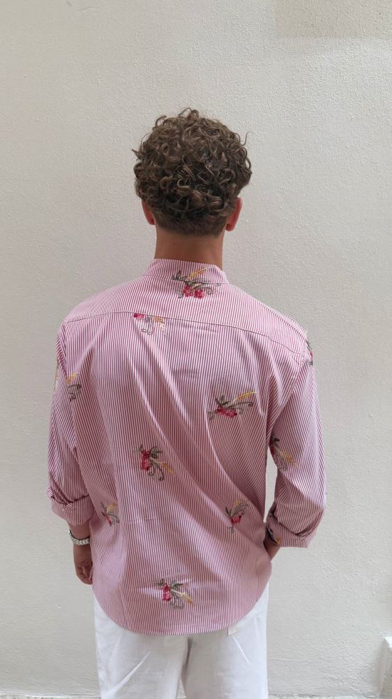 Antonio D'anna - Camicia collo Coreana con Fior - BIANC/ROSSO