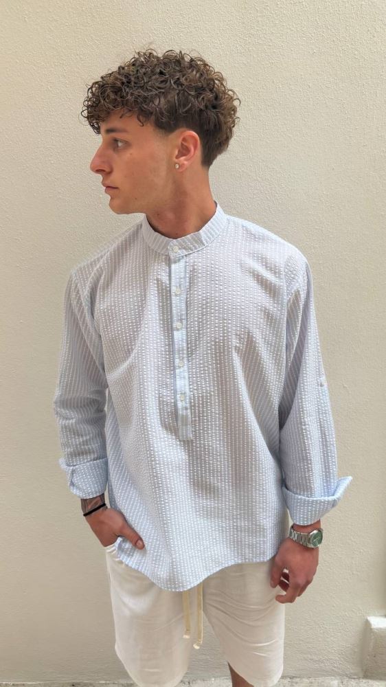 Antonio D'anna - Camicia collo Coreana Goffrat - BIANC/CELESTE