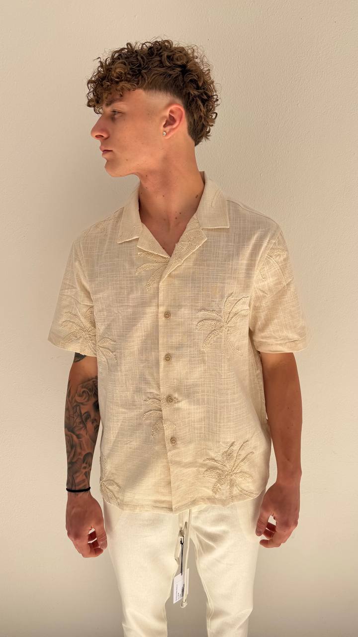 Antonio D'anna - Camicia Lino M.Manica Palme - BEIGE